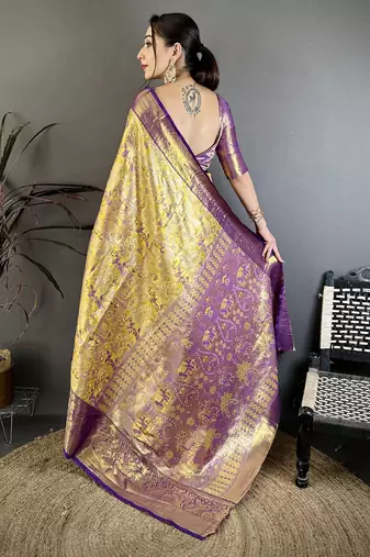 Gold kanjeevaram silk blend woven design saree with unstitched blouse piece