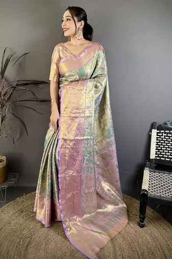 Sea green kanjeevaram silk blend woven design saree with unstitched blouse piece