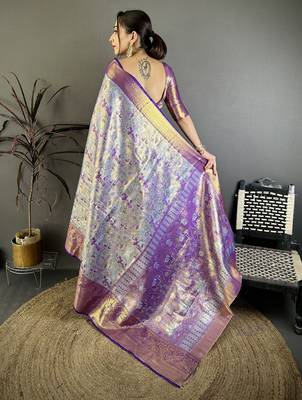 Sky blue kanjeevaram silk blend woven design saree with unstitched blouse piece 4