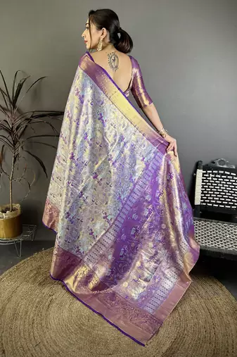 Sky blue kanjeevaram silk blend woven design saree with unstitched blouse piece