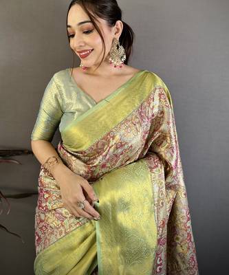 Green kanjeevaram silk blend woven design saree with unstitched blouse piece 1