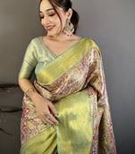 Green kanjeevaram silk blend woven design saree with unstitched blouse piece