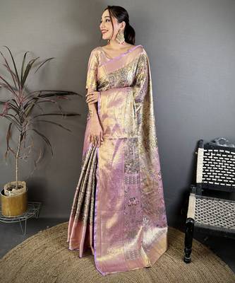 Olive kanjeevaram silk blend woven design saree with unstitched blouse piece 2