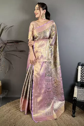 Olive kanjeevaram silk blend woven design saree with unstitched blouse piece