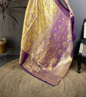 Gold kanjeevaram silk blend woven design saree with unstitched blouse piece 5