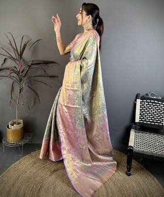 Sea green kanjeevaram silk blend woven design saree with unstitched blouse piece 3