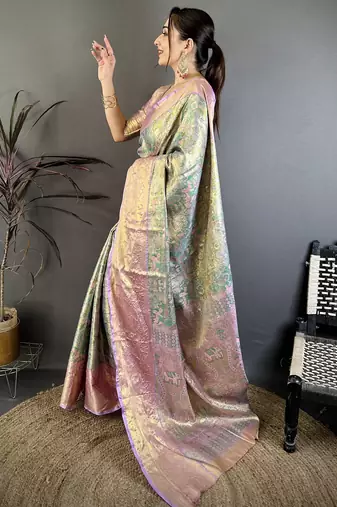 Sea green kanjeevaram silk blend woven design saree with unstitched blouse piece