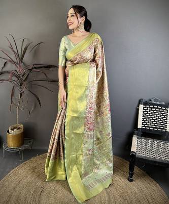 Green kanjeevaram silk blend woven design saree with unstitched blouse piece 2
