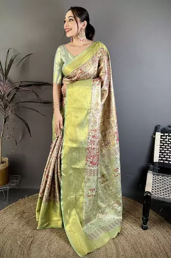 Green kanjeevaram silk blend woven design saree with unstitched blouse piece