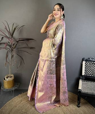 Olive kanjeevaram silk blend woven design saree with unstitched blouse piece 3
