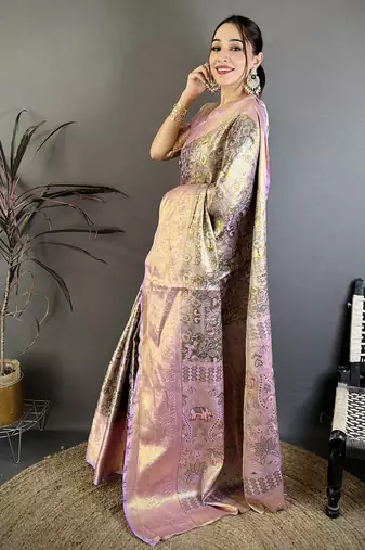 Olive kanjeevaram silk blend woven design saree with unstitched blouse piece