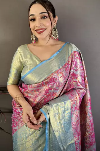 Magenta kanjeevaram silk blend woven design saree with unstitched blouse piece