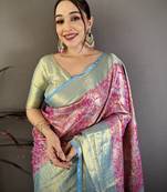 Magenta kanjeevaram silk blend woven design saree with unstitched blouse piece