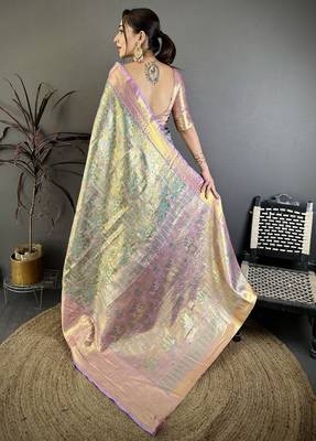 Sea green kanjeevaram silk blend woven design saree with unstitched blouse piece 4