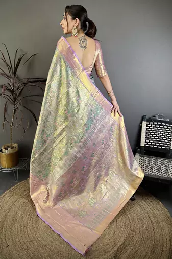 Sea green kanjeevaram silk blend woven design saree with unstitched blouse piece