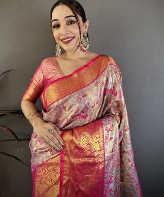 Blue kanjeevaram silk blend woven design saree with unstitched blouse piece 1