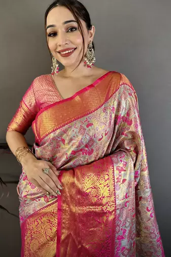 Blue kanjeevaram silk blend woven design saree with unstitched blouse piece