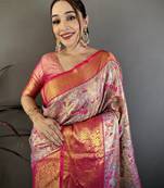 Blue kanjeevaram silk blend woven design saree with unstitched blouse piece