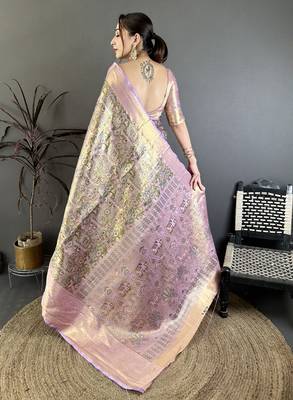 Olive kanjeevaram silk blend woven design saree with unstitched blouse piece 4