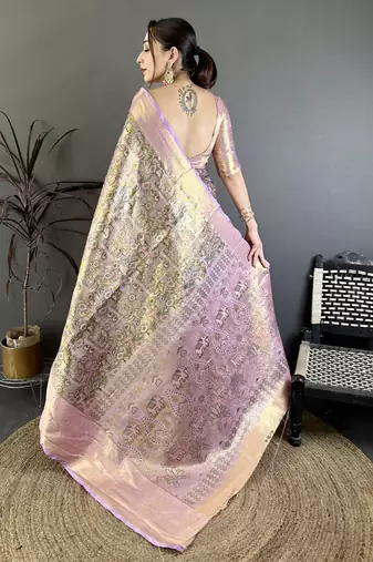 Olive kanjeevaram silk blend woven design saree with unstitched blouse piece