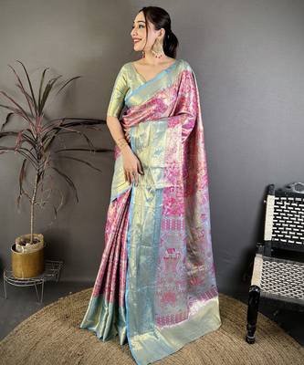 Magenta kanjeevaram silk blend woven design saree with unstitched blouse piece 2