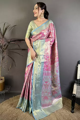 Magenta kanjeevaram silk blend woven design saree with unstitched blouse piece