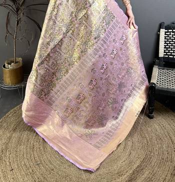 Olive kanjeevaram silk blend woven design saree with unstitched blouse piece 5