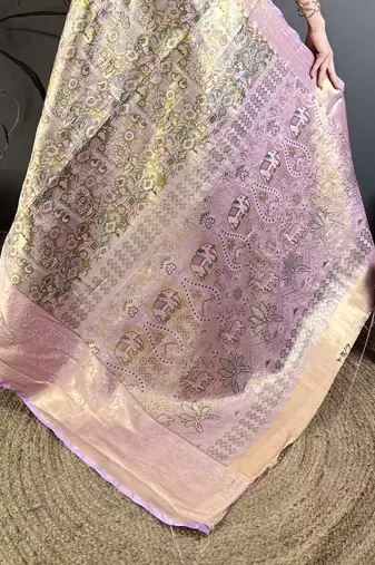 Olive kanjeevaram silk blend woven design saree with unstitched blouse piece