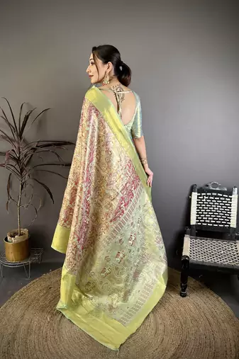 Green kanjeevaram silk blend woven design saree with unstitched blouse piece
