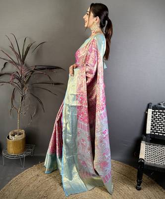 Magenta kanjeevaram silk blend woven design saree with unstitched blouse piece 3