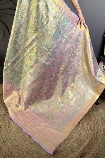 Sea green kanjeevaram silk blend woven design saree with unstitched blouse piece