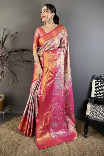 Blue kanjeevaram silk blend woven design saree with unstitched blouse piece
