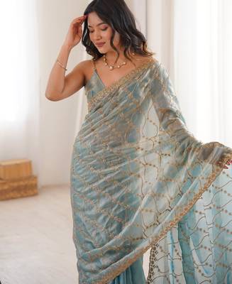 Sky blue tissue embridered saree with unstitched blouse piece 1