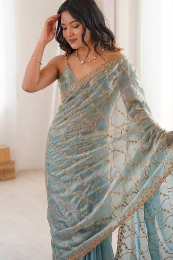 Sky blue tissue embridered saree with unstitched blouse piece