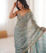 Sky blue tissue embridered saree with unstitched blouse piece