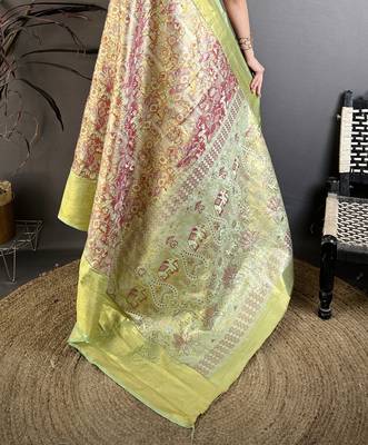 Green kanjeevaram silk blend woven design saree with unstitched blouse piece 5