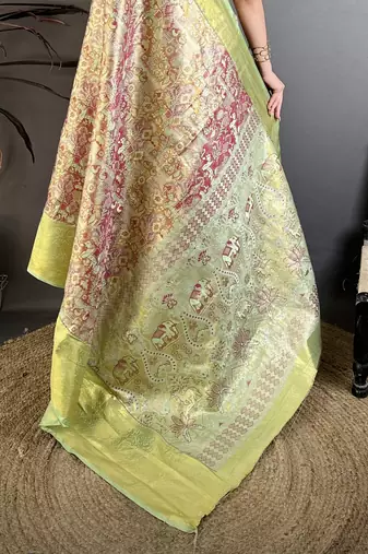 Green kanjeevaram silk blend woven design saree with unstitched blouse piece