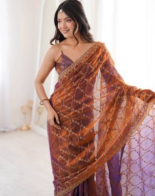 Rust tissue embridered saree with unstitched blouse piece 1