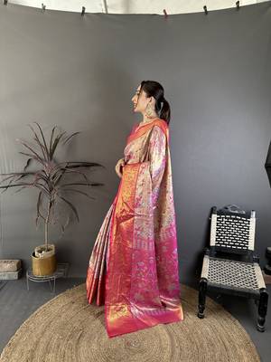 Blue kanjeevaram silk blend woven design saree with unstitched blouse piece 3