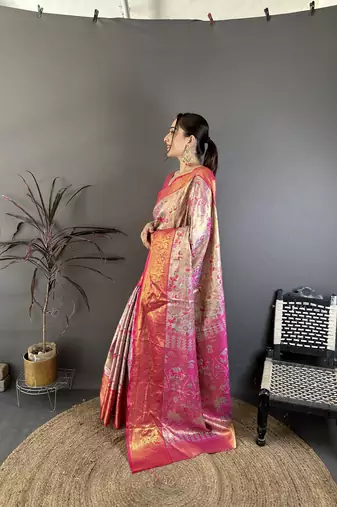 Blue kanjeevaram silk blend woven design saree with unstitched blouse piece