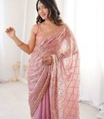 Pink tissue embridered saree with unstitched blouse piece