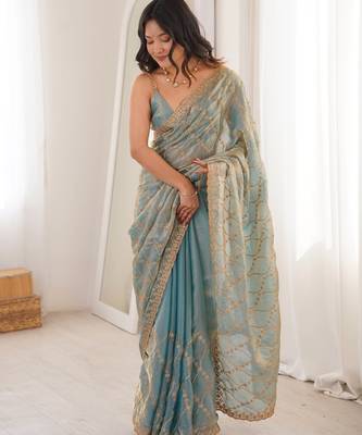 Sky blue tissue embridered saree with unstitched blouse piece 2