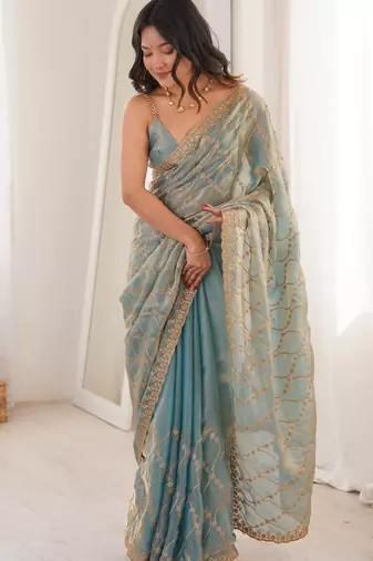 Sky blue tissue embridered saree with unstitched blouse piece
