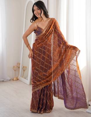 Rust tissue embridered saree with unstitched blouse piece 2