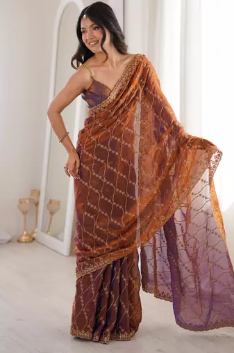 Rust tissue embridered saree with unstitched blouse piece