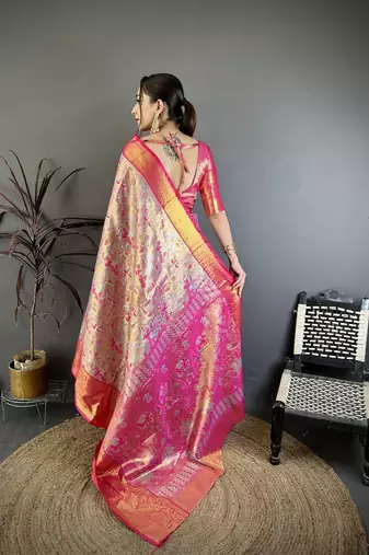 Blue kanjeevaram silk blend woven design saree with unstitched blouse piece