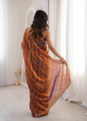 Rust tissue embridered saree with unstitched blouse piece 3