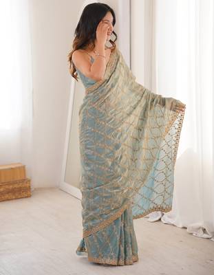 Sky blue tissue embridered saree with unstitched blouse piece 3