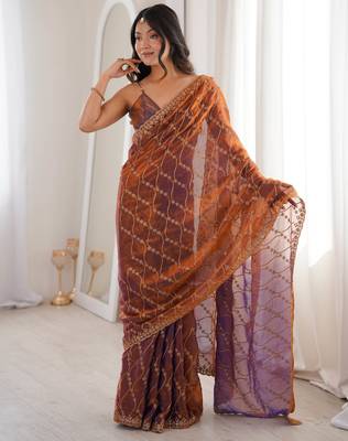 Rust tissue embridered saree with unstitched blouse piece 4