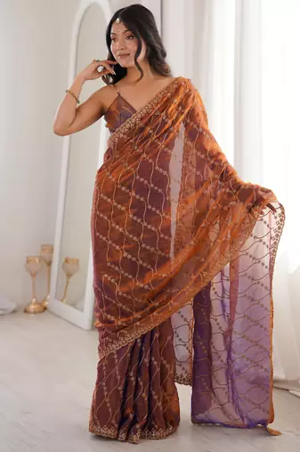 Rust tissue embridered saree with unstitched blouse piece